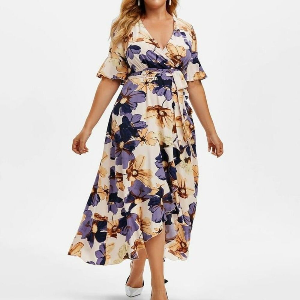 Dyegold Maxi Dress Women's Size XLarge Empire Waist V-Neck Floral Short Sleeve